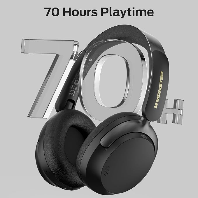 Monster Persona 3rd ANC Bluetooth Headphones, Over Ear Headphones with Bluetooth 5.4, 70 Hours Playtime Noise Cancelling Headphone with Mic, Foldable Lightweight Headset Comfort Fit, Black
