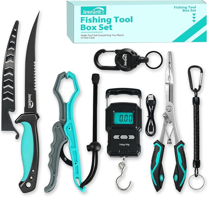 Jenseits Fishing Tool Kit, Fish Gripper, Fishing Pliers, Digital Fish Scale, Fillet Knife, Hook Remover & Fishing Accessories Set, Freshwater Saltwater Fishing Gear, Fishing Gifts for Men Angler