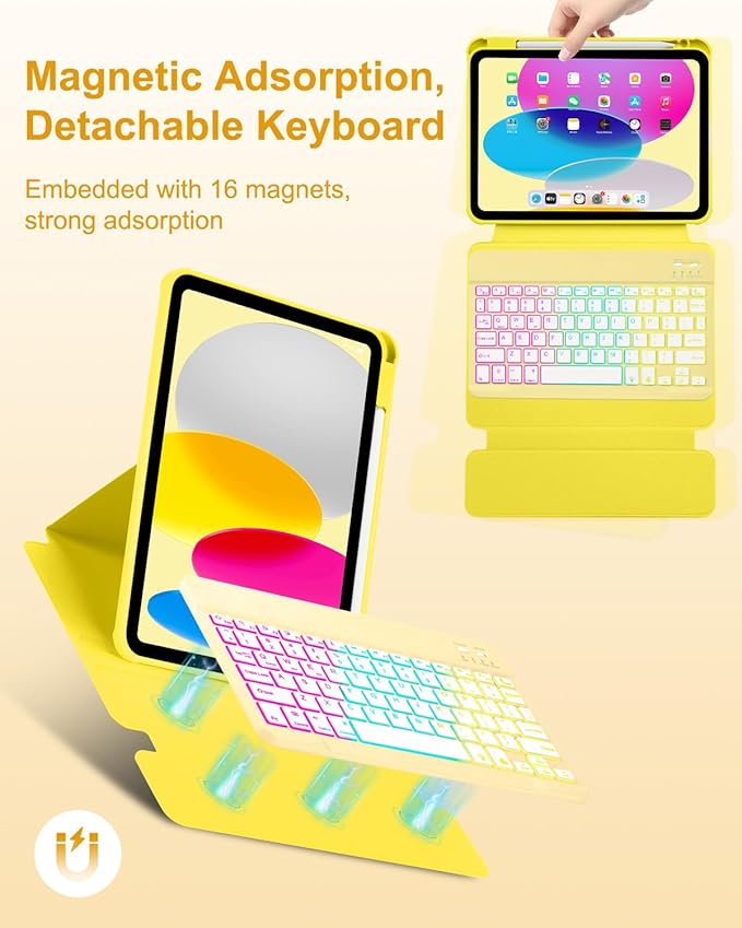 EAMPANG Case with Keyboard Mouse for iPad A16 11th 10th Generation 11/10.9 inch,Rainbow Backlit Detachable Keypad Rotatable Magnetic Cover with Pencil Holder for iPad 11 2025 10 Gen 2022 Yellow