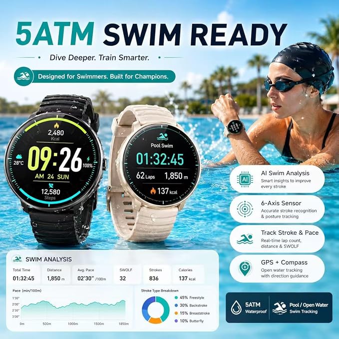 Smartwatch for Swimming 5ATM with GPS, Compass, AI Swim Analysis, Heart & Sleep Tracking, 100+ Sports Modes, HD Display, Long Battery Life, Fitness & Outdoor Training Watch - Men & Women (LIGHT BEIGE)