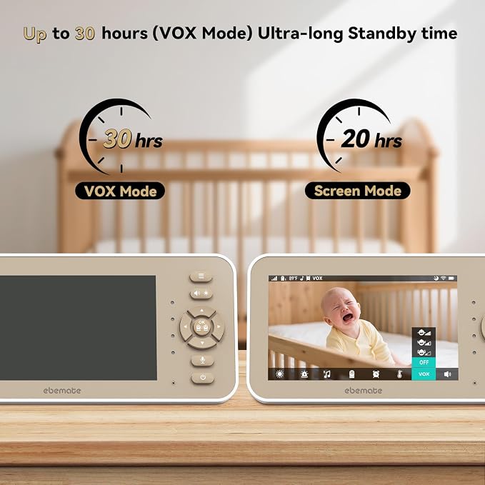 ebemate Video Baby Monitor with Camera and Audio, 5" IPS Screen, 30H Battery, Hybrid WiFi and No WiFi Connection, Pan-Tilt-Zoom, Night Vision, 2-Way Talk, 1500ft, for New Parents/Elderly EBE50P