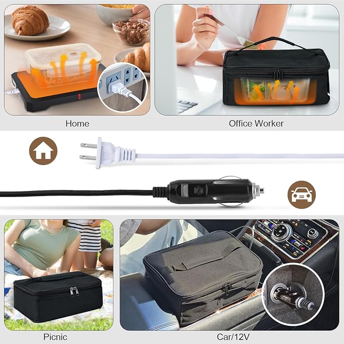 Portable Oven 12V, 24V, 110V Car Food Warmer Portable Mini Oven Personal Microwave Heated Electric Heating Lunch Box With Wall & Vehicle Plug for Work Reheating Food in Car, Truck, Travel, Work