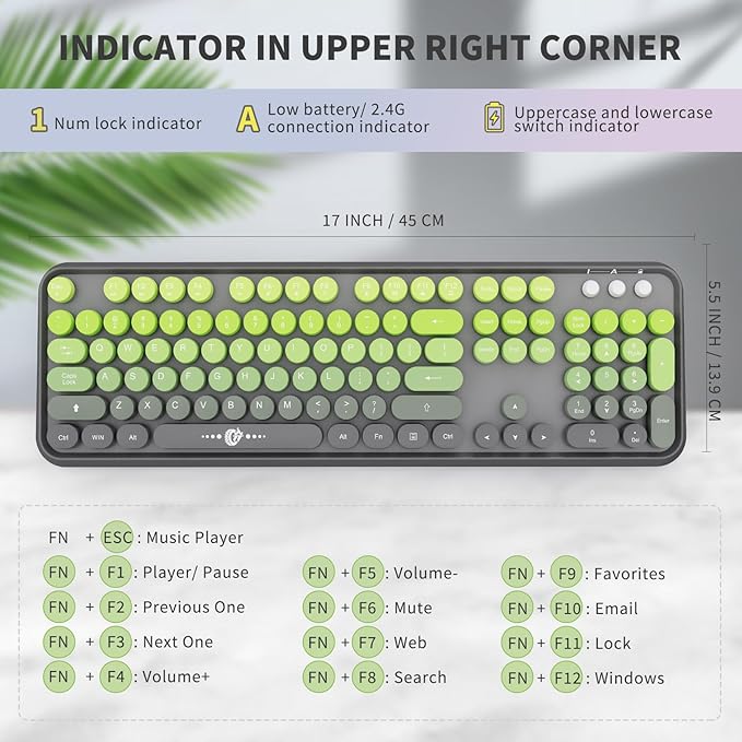 Wireless Keyboard and Mouse Combo, 2.4G USB Cordless Round Keyboard and Mouse for Laptop Computer TV (102 Keys Matcha Green)