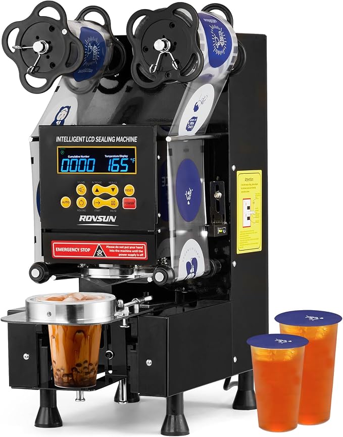 OlymStore Cup Sealing Machine, Cup Sealer Machine Full Automatic, Electric Cup Sealing Machine 500-600 Cups/H, Bubble Tea Machine with Digital Control LCD Panel for Bubble Milk Tea Coffee Black