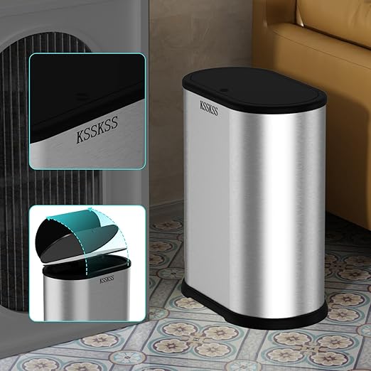 KSSKSS 1.8 Gallons Small Stainless Steel Trash Can with Press Type Lid, Slim Bathroom Garbage Bin, Removable Liner Bucket, Dog Proof Narrow Wastebasket with Pop-Up Lid for Bedroom,Toilet (Silver)