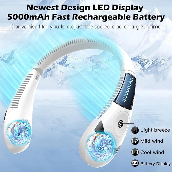 Foldable LED Display Neck Fan - 5000mAh Portable Bladeless Fan with 3 Speeds, USB Rechargeable Personal Neck Cooler for Travel, Outdoor, Office, Camping - White