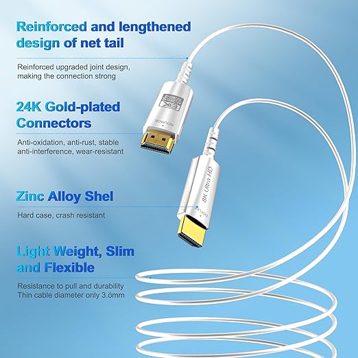 8K Fiber Optic HDMI Cable 30 FT, 8K@60Hz 4K@240Hz, Thin Extra Long HDMI Cable 48Gbps Ultra High Speed, Dynamic HDR, eARC, HDCP 2.2&2.3, 3D, Compatible for PS4/5/Xbox/TV/Laptop/Monitor