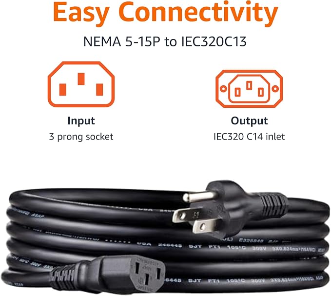 Amazon Basics PC Power Cord, 10 feet, Compatible with Monitor, Computer, TV, 3 Prong, 18 AWG, 125 Volts, Black, 5-Pack