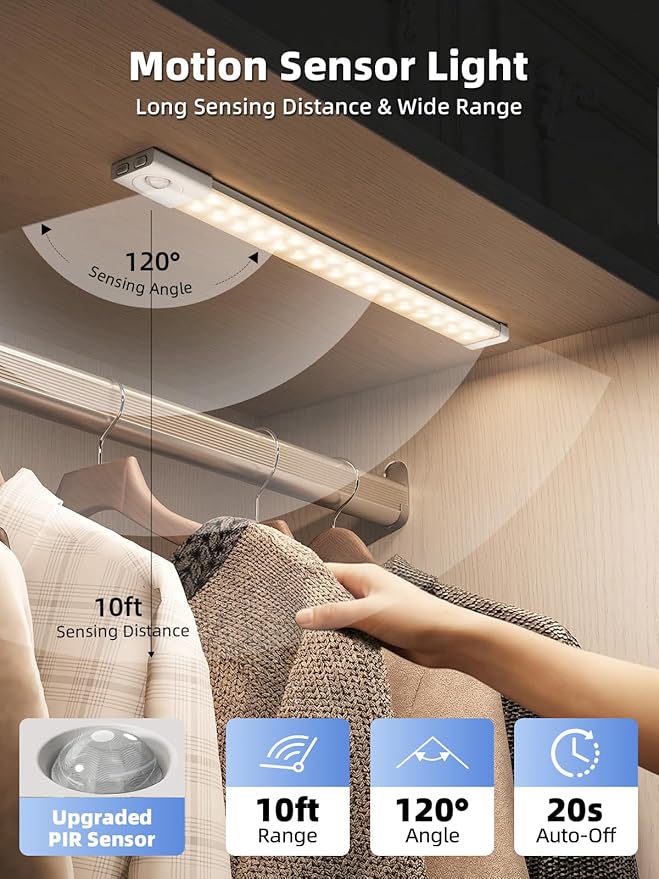 EZVALO Under Cabinet Lighting with Charging Station, 11.8'' Motion Sensor Light Indoor, 1500mAh Rechargeable LED Light, 3 Color Temperatures, Dimmable Counter Lights for Kitchen, Closet, Stair (3Pack)
