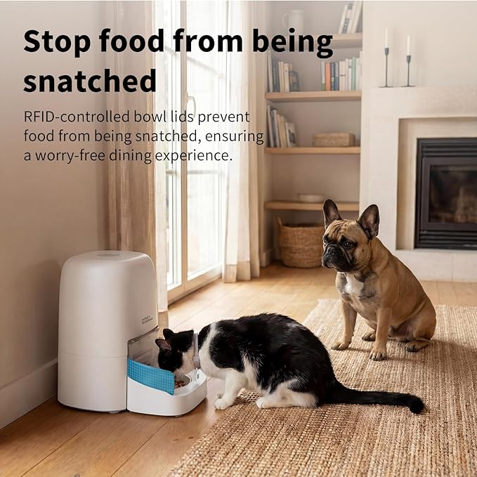 HoneyGuaridan RFID Automatic Cat Feeder with Collar Tag-Activated Personalized Meal, 5G WiFi APP Control Cat Food Dispenser with Diet Tracking and Anti-Theft for Multi Pet Home and Different Diet