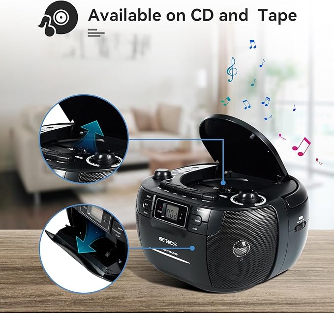 Retekess TR621 CD Player Boombox, Cassette Tape Player AM FM Radio, Stereo Sound, USB and TF Card Playback with Remote Control, Tape Recording, for Home(Black)