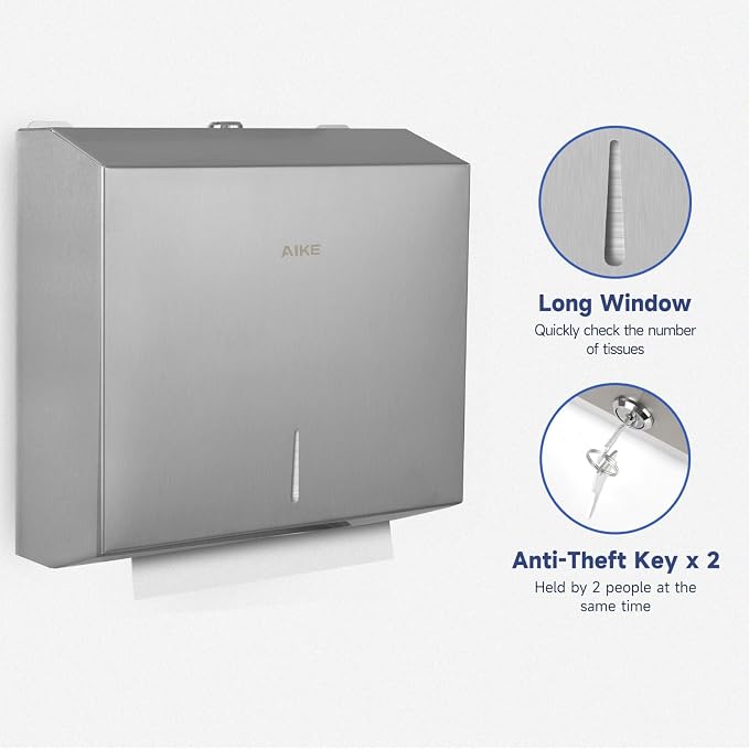 AIKE Automatic Commercial Soap Dispenser and Wall Mount Paper Towel Dispenser Bundle, Model AK1216_Silver_5180_Brushed