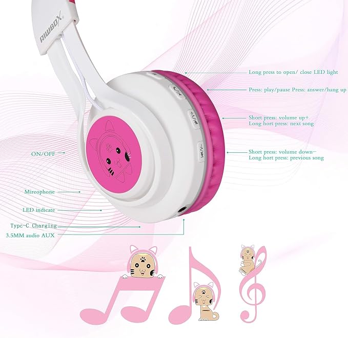 Riwbox CT-7 Cat Ear Bluetooth Headphones, LED Light Up Bluetooth Wireless Over Ear Headphones with Microphone and Volume Control for Travel/School/Smartphones/Laptop/PC/TV (White&Pink)
