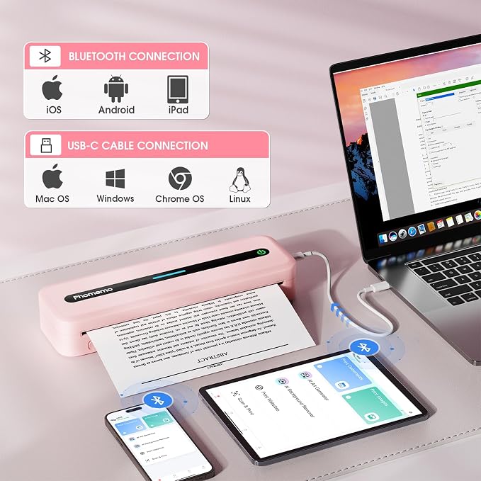 Phomemo M832 Portable Printers Wireless for Travel, Bluetooth Inkless Thermal Printer, Support 8.5"x11"/A4/4.33"/3.15"/2.08" Thermal Paper, Compatible with iPhone Laptop for Office School Home Use