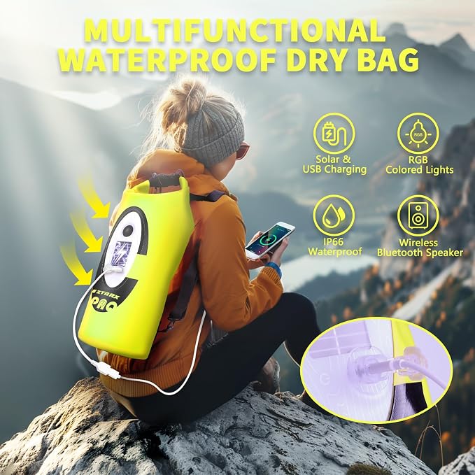 FELICON Waterproof Dry Bag Backpack with Bluetooth Speaker, 10L Roll Top Floating Sack, Solar & USB-C Powered Emergency Charger, RGB Light, Heavy Duty PVC for Kayaking Camping, Neon Yellow