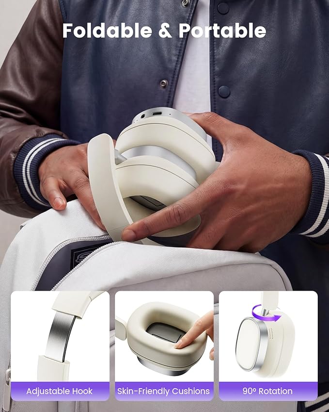 Active Noise Cancelling Headphones,78H Playtime & Bluetooth 6.0 Over Ear Wireless Headphones,Hi-Res,Low Latency,Foldable Bluetooth Headphones for Travel Workout Office Cellphone PC-Vanilla White