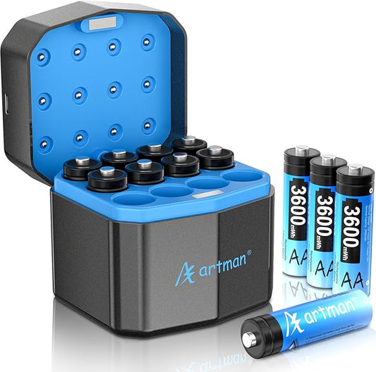 Artman Rechargeable Lithium AA Batteries 12 Pack with 12-Slot Charger, 3600mWh 1.5V High Power AA Lithium Batteries for Blink Outdoor Camera, Rechargeable Double A Battery with 2000+ Cycles (Blue)