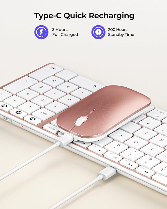 seenda Bluetooth Keyboard and Mouse Combo for Mac, SKM64-2 Rechargeable Silent Wireless Keyboard Mouse Compact Slim, 3 Multi-Device Connection, Compatible for Mac MacBook Pro/Air iPad, White Rose Gold