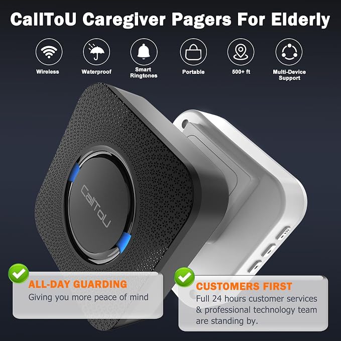 CallToU Caregiver Pager Wireless Call Button for Elderly at Home, Call Bell Alert System for Seniors and Patients, 1 Plug-in Receiver and 1 Waterproof SOS Button, No WiFi or Monthly Fee