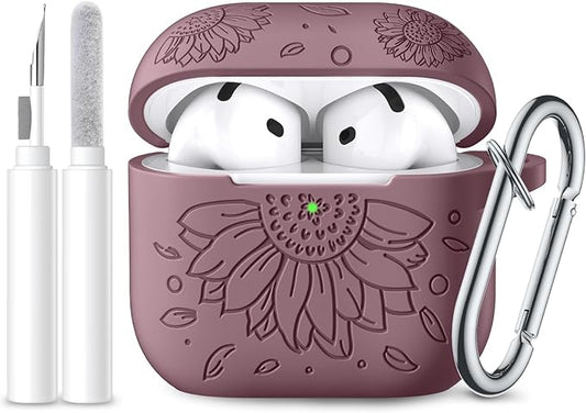 Lerobo for AirPods 4 Case Cover,Cute Flower Engraving Soft Silicone Full Protective Cover Accessories with Cleaning Kit & Keychain Compatible with Apple AirPods 4th Gen 2024 for Women,Smokey Mauve
