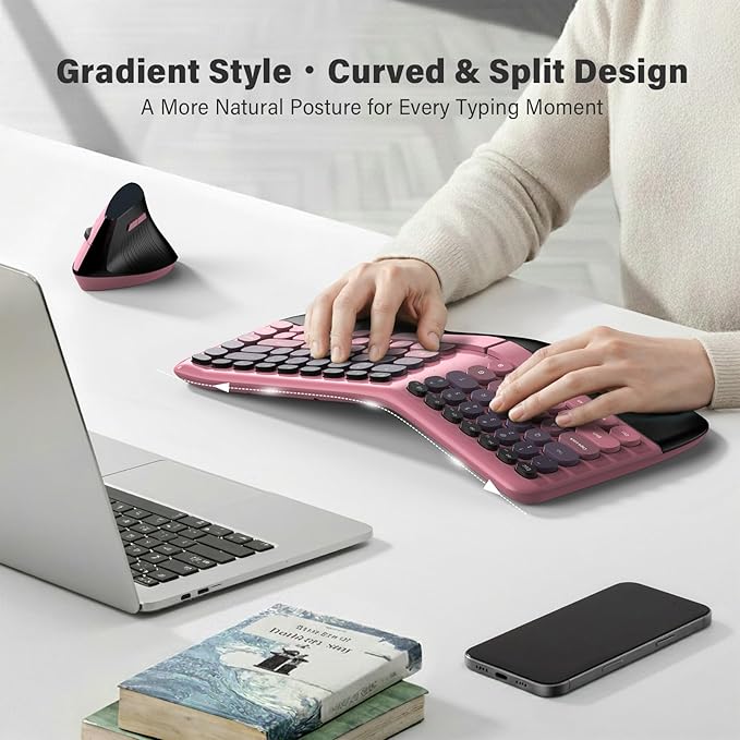 MOFII Wireless Ergonomic Keyboard & Mouse Combo – Split Curved Keyboard with Wrist Rest (All-Day Comfort) + Wireless Vertical Ergonomic Optical Mouse, Compatible with PC/Laptop/Desktop- Pink Gradient
