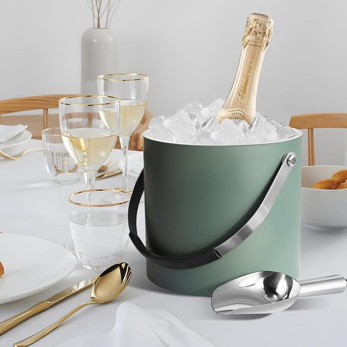 Bakpoco 3L Ice Bucket with Silicone Lid, Scoop, Tongs & Strainer, Stainless Steel Double Wall Insulated Ice Buckets for Parties & Cocktail Bar, Outdoor Champagne Ice Container Bin, Dusty Green