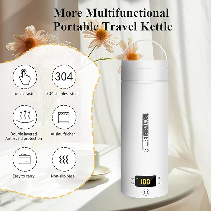 Electric Travel Kettle, Portable Tea Maker - 450ML Stainless Steel (White) with 4 Variable Presets