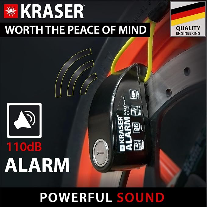 KRASER 6Y Alarm Disc Lock, Reinforced Disc Brake Lock with 3 Keys (Others 2), Heavy Duty Anti-Theft Motorcycle with Alarm,110dB, Weather-Resistant, Reminder Cable, Pouch, Motorbike Moped E-Bike