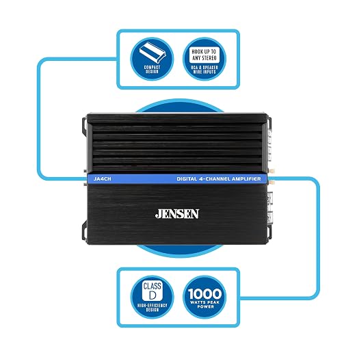 JENSEN JA-Series JA4CH High-Performance Class-D 4-Channel Car Audio Amplifier | Truck, Motorcycle, Golf Cart | 1,000 Watts Peak Power | Efficient Compact Design | CTA-2006-D Certified | Bridgeable