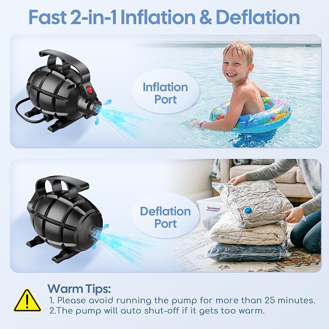 Electric Air Pump for Inflatables, Air Mattress – 500W/650W Quick-Fill Inflator/Deflator with 4 Nozzles, Portable AC 110-120V for Gymnastics Mat, Tumbling, Air Bed, Pool Floats