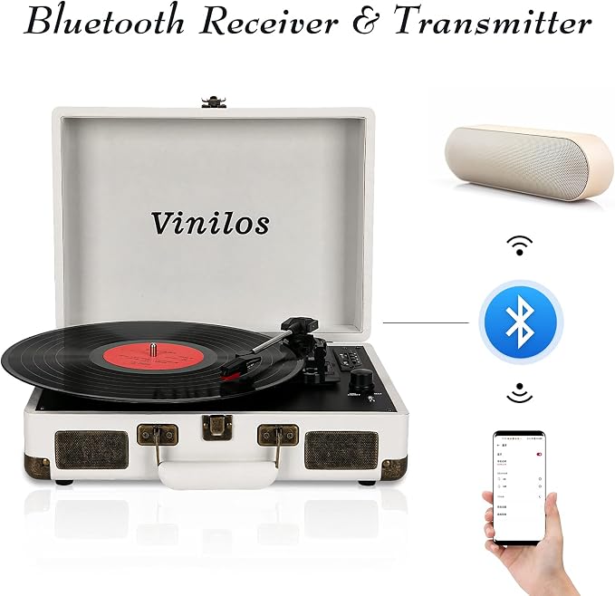 Vinyl Record Player with Bluetooth and Built-in Speakers, 3-Speed Portable Turntable for Vinyl Records, Retro Suitcase Design, USB Recording, Includes Extra Stylus, Ideal for Beginners(White)-Vinilos