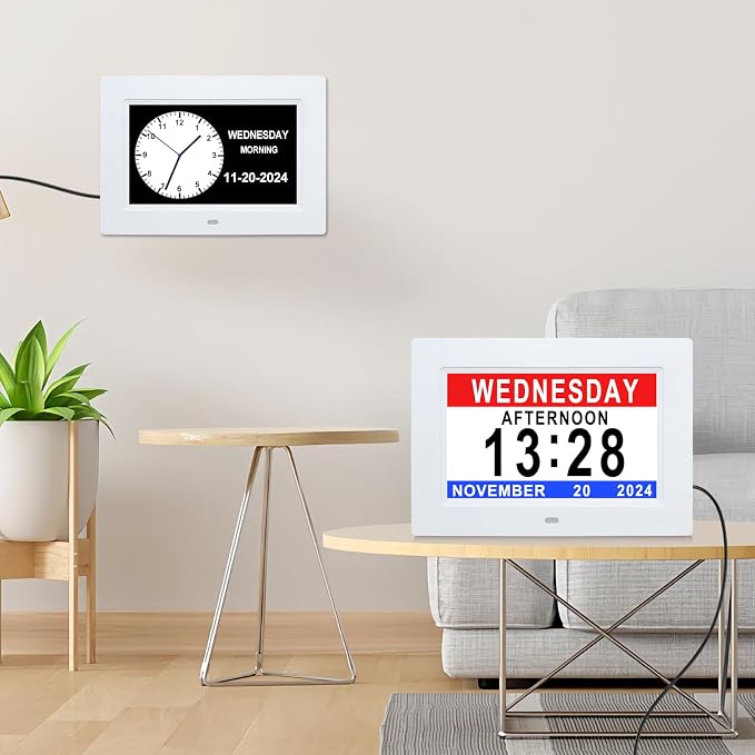 Johnziny 7 Inch Digital Clock with Day and Date for Elderly Large Display for Elderly Dementia Clock Customizable Alarms, 12 Alarms,4 Colors Display Digital Calendar Alarm Clock (White)