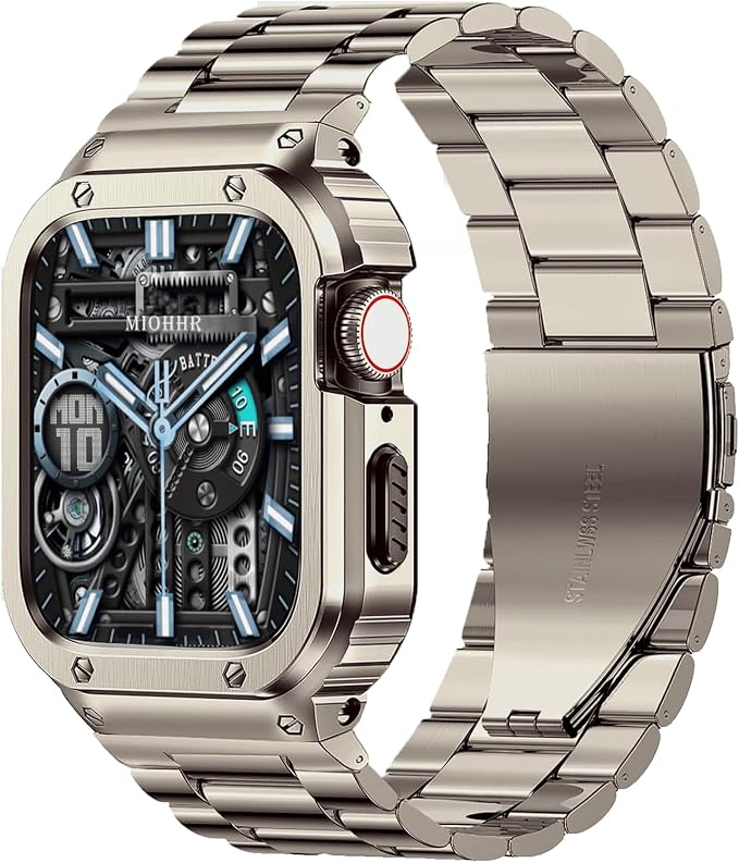MioHHR Stainless Steel Band and Case Compatible with Apple Watch Band 41mm 40mm 38mm, Men Metal Protective Bumper Cover for iWatch Series 9/8/7/6/5/4/3/2/1/SE/SE2/SE3, Silver Pattern