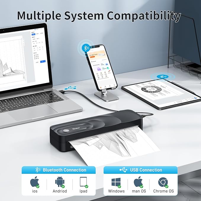 Portable A4 Thermal Printer | 3 Rolls Thermal Paper & 2 Folding Papers Included | Inkless Bluetooth Printer w/Carry Case, Supports 8.5"x11" US Letter, Cellphone APP Compatible for Travel