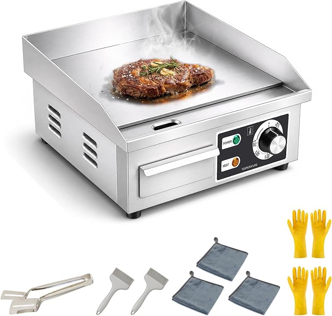 Electric Griddle 15.7"×14.2" 1700W Flat Top Grill Stainless Steel Teppanyaki Grill Countertop Flat Top BBQ Nonstick Plate Adjustable Temperature Control for Home or Restaurant Use