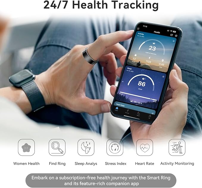 Smart Ring Health Tracker, Smart Rings for Men & Women, No Subscription Required, Long-Lasting Battery Sleep Ring, Fitness & Sleep Monitor Compatible with iOS & Android (Gold, 9)