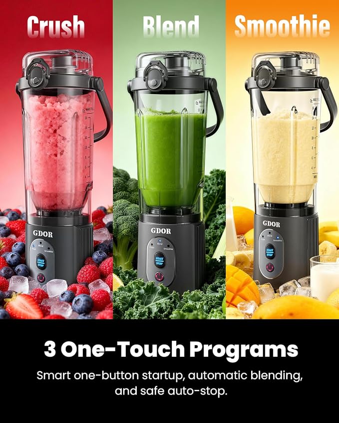 GDOR Portable Smoothie Blender, Twist & Go, Mini Blender Shakes and Smoothies,3 Auto Programs, Ice Crush,2x23 oz, Cordless, Dishwasher Safe, BPA-Free