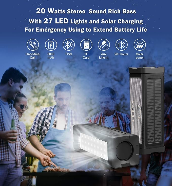 Solar Bluetooth Speaker,IPX7 Waterproof Portable 20W Rich Bass,with 27 LED Lights, 5000mAh Battery,Mic,TF Card,for Outdoor Shower Home-Black