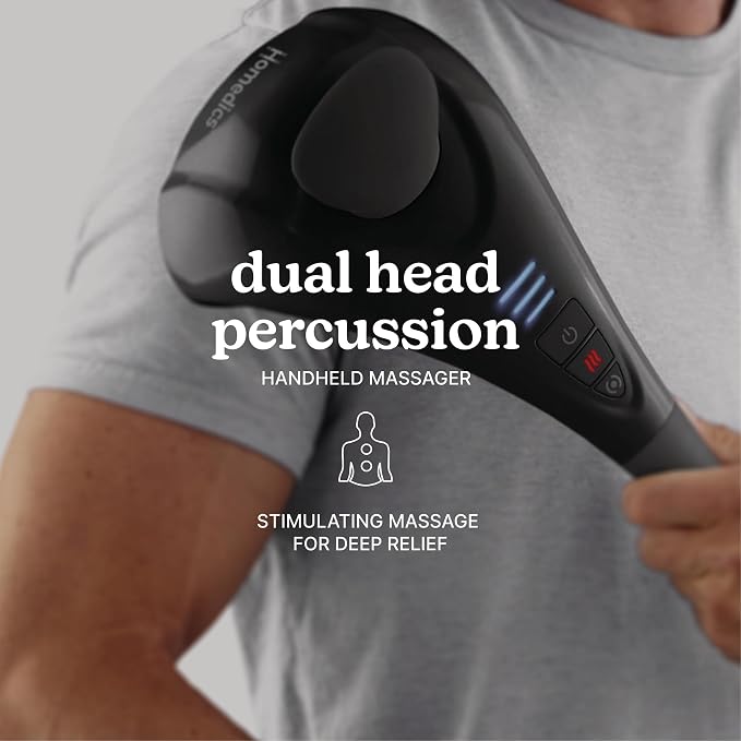 Homedics Handheld Back Massager with Heat, Deep Tissue Percussion Massager for Neck, Shoulders & Body, 4 Custom Attachment Sets, Dual Node Massage, 3 Speeds, Comfort Grip Handle, Twin Percussion Pro
