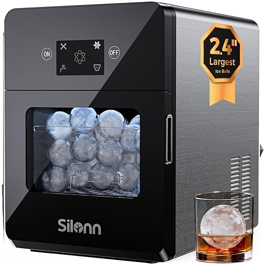 Silonn 2.4″ Sphere Ice Maker Countertop, Clear Ice Ball Maker Machine with Crystal Sphere & Rapid Sphere Technology, 3 pcs in 40 Mins, 100 pcs/Day, Self-Cleaning Ice Maker Ideal for Whiskey