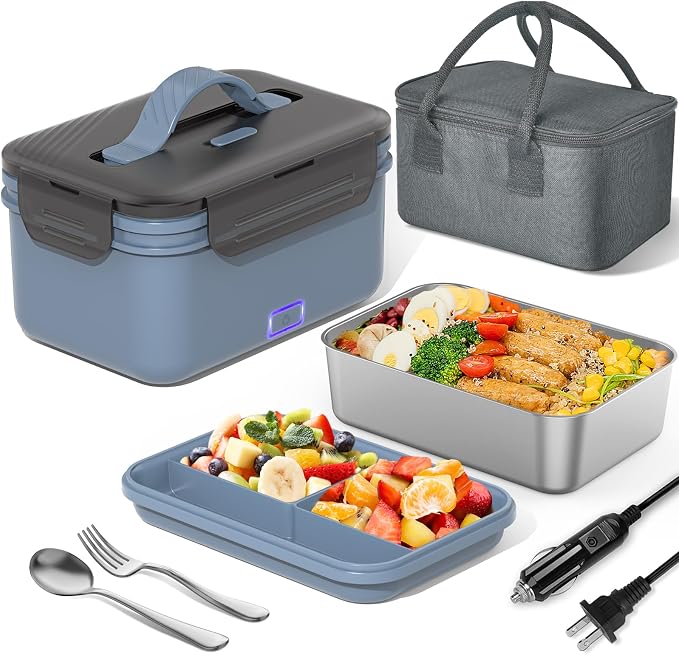 Herrfilk Electric Lunch Box Food Heater 100W, 4 in 1 Ultra Quick Heated Lunch Boxes for Adults 12V/24V/110V/220V Portable Food Warmer for Car/Truck/Office With Fork Spoon and Insulated Carry Bag
