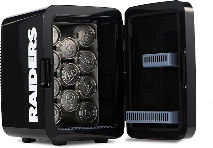 Ukonic NFL Las Vegas Raiders 15-Can Mini Fridge 10L AC/DC Powered, Official Team Colors & Logo, Portable Cooler for Tailgates, Home, Office, or Car