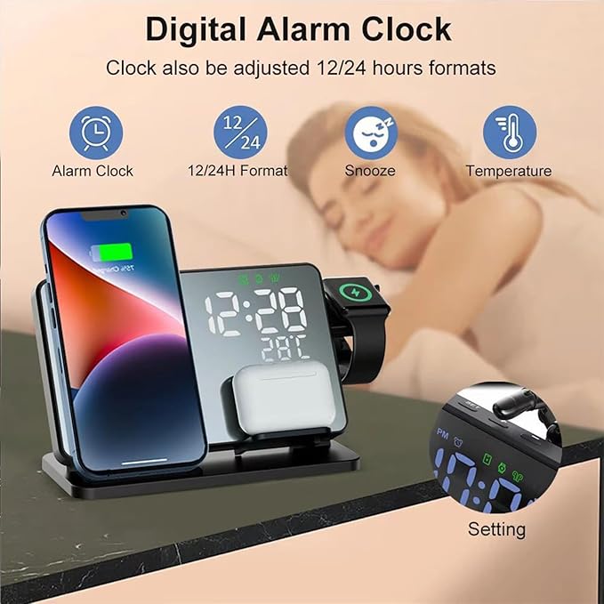 All-in-one Wireless Charger,Clock,Alarm,Calendar,Temperature Display,15W Fast Charging.Wirelessly Charge Phone,Watch,Earbuds simultaneously,Compatible with Qi-Enabled Devices,W669 Black.