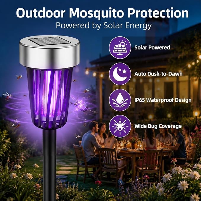 2026 New Solar Bug Zapper Outdoor Waterproof,Mosquito Zapper Rpellent Outdoor Patio,Purple & White Light,Auto-On at Dusk,Effective Fly Insect Gnat Zapper Trap for Yard,Garden,Backyard,Pathway