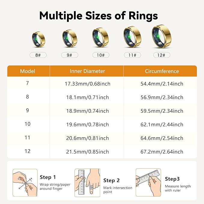Smart Ring for Women & Men, Health & Fitness Tracker with Heart Rate/Sleep Monitoring/Blood Pressure, 5ATM Waterproof,Activity Trackers with Free App,Stylish Fitness Ring Birthday Gift(Size 11, Gold)
