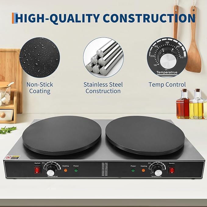 16 Inch Double Plates Commercial Crepe Maker, Non-Stick Electric Crepe Machine with Precise Temp Control and Indicator Lights for Home and Restaurant,3500 w,110 v