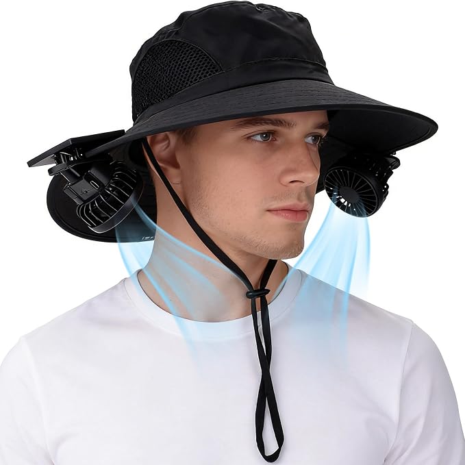 Wide Brim Sun Bucket Hat with 2 Solar Powered Fan for Men & Women | Waterproof & UPF 50+ Sun Protection Hat with Dual-Power Clip-On Cooling Fans for Outdoor Hiking Fishing Gardening