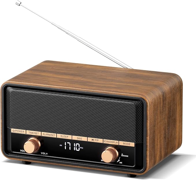 Vintage Wooden AM FM Radio with Bluetooth, Digital Clock Radio for Bedroom with 80 Station Presets, Tap to Snooze, Sleep Timer, Clear LCD Display for Home Office (Deep Walnut)