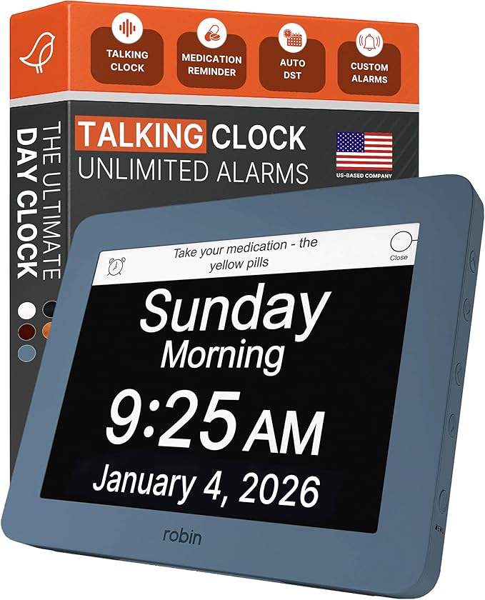 Robin Day Clock 2026 for Seniors, 8" Large Digital Calendar Dementia Clock with Talking Function, Alarms, Easy-to-Read Display for Elderly, Day Date Time, Medication Reminder, DST, Winter Blue