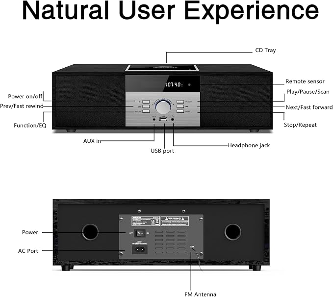 Nostalgic Bluetooth Stereo System for Home, WISCENT Vintage Micro HiFi Systems CD Player,with Bluetooth Audio Streaming,FM Radio,USB Port,Aux-in,Earphone Port (Black CD Player)